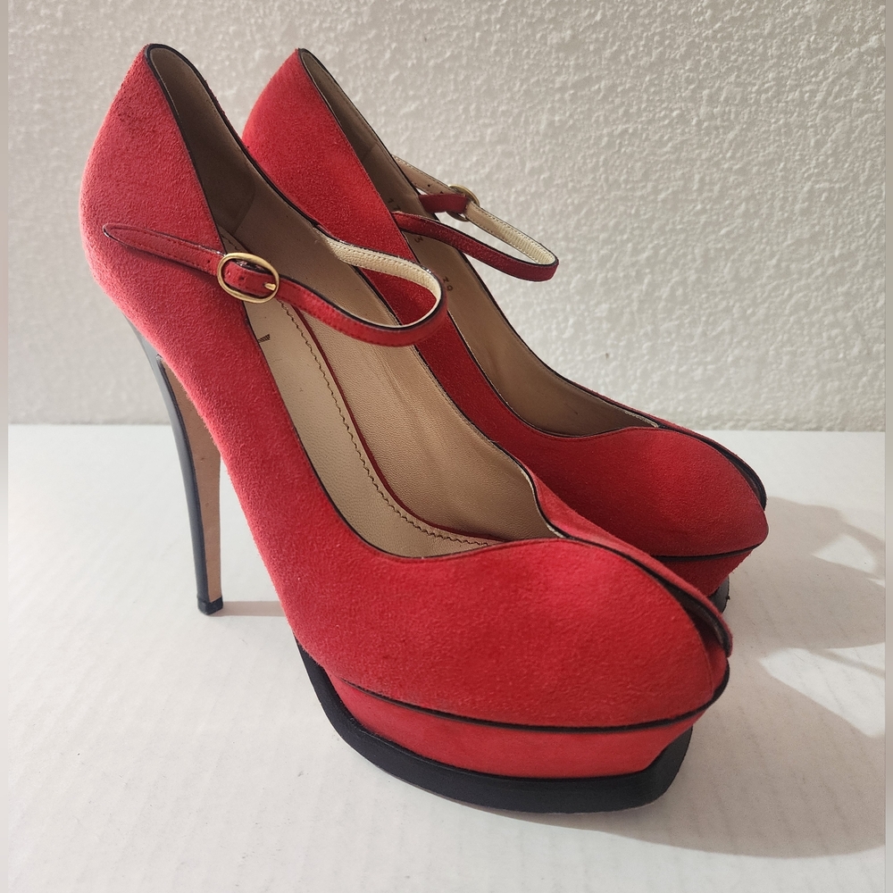 Yves Saint Laurent Women Shoes Tribute Red Suede Open Toe Platform Heels EU 39